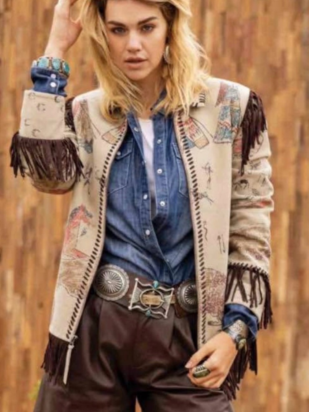 Rare Double D Ranch “Story of the Hunt”leather fringe jacket buffalo indian pony